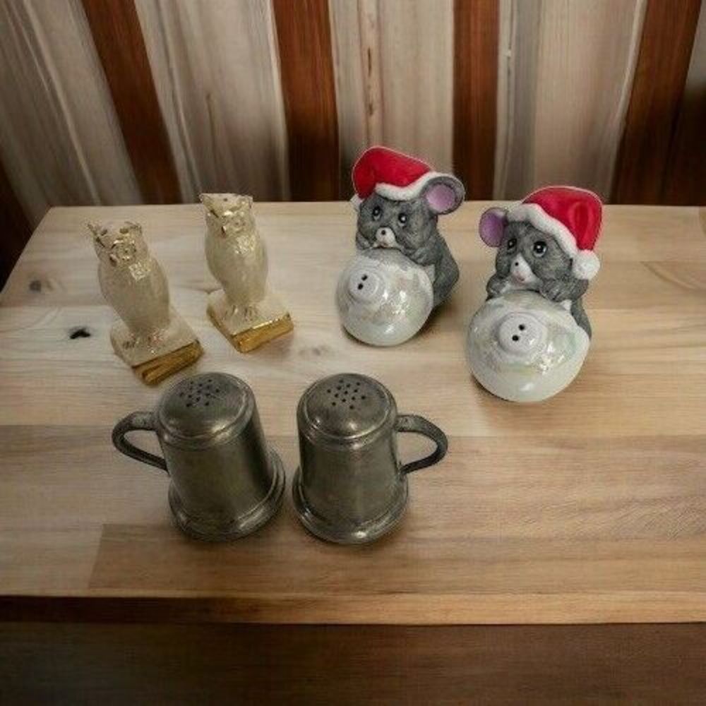Salt & Pepper Shaker Ceramic Animals Owl, Mouse Mice & Pewter Vintage Lot of 3